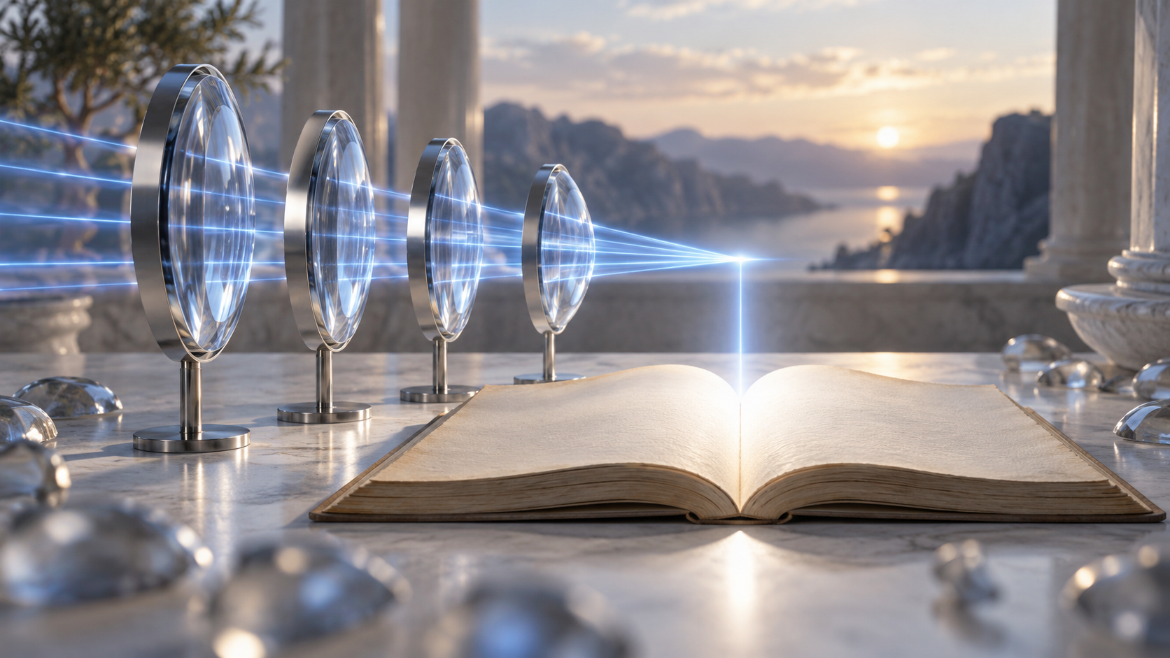 Clear lenses focusing blue light across an open unmarked book to represent reading Scripture in context