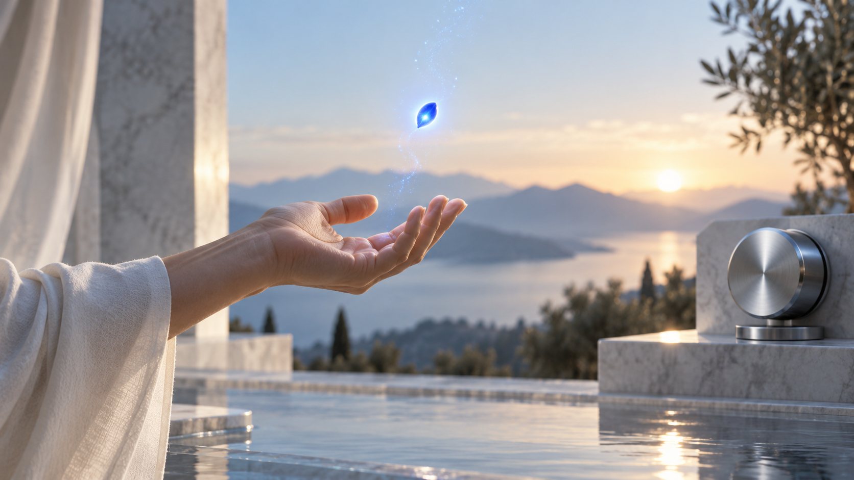 An open hand releasing a blue seed of light while an unmarked control dial remains unused