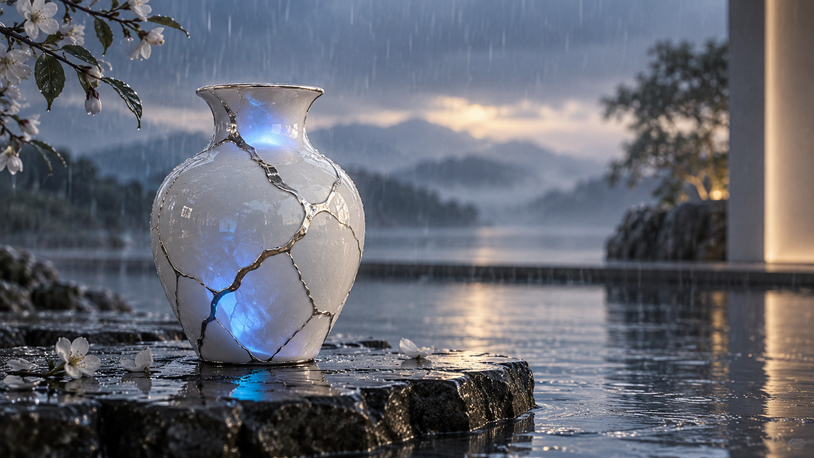 A repaired pearl-white vessel glowing blue in gentle rain to represent peace through suffering