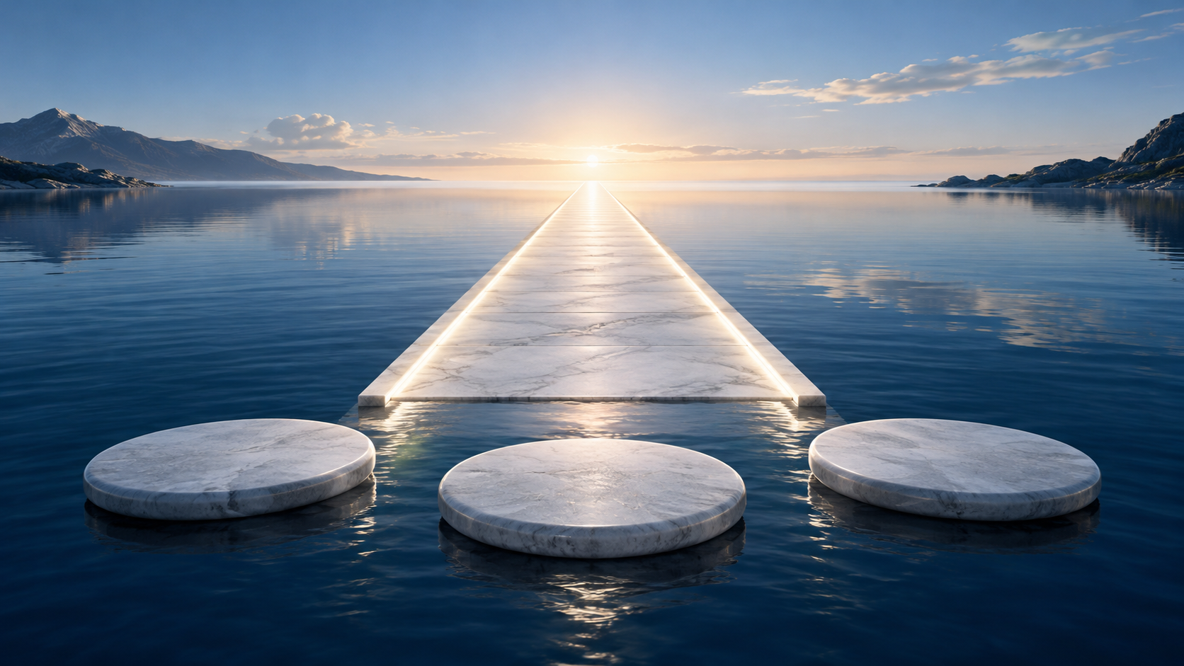 White stepping stones leading to an illuminated path across calm blue water