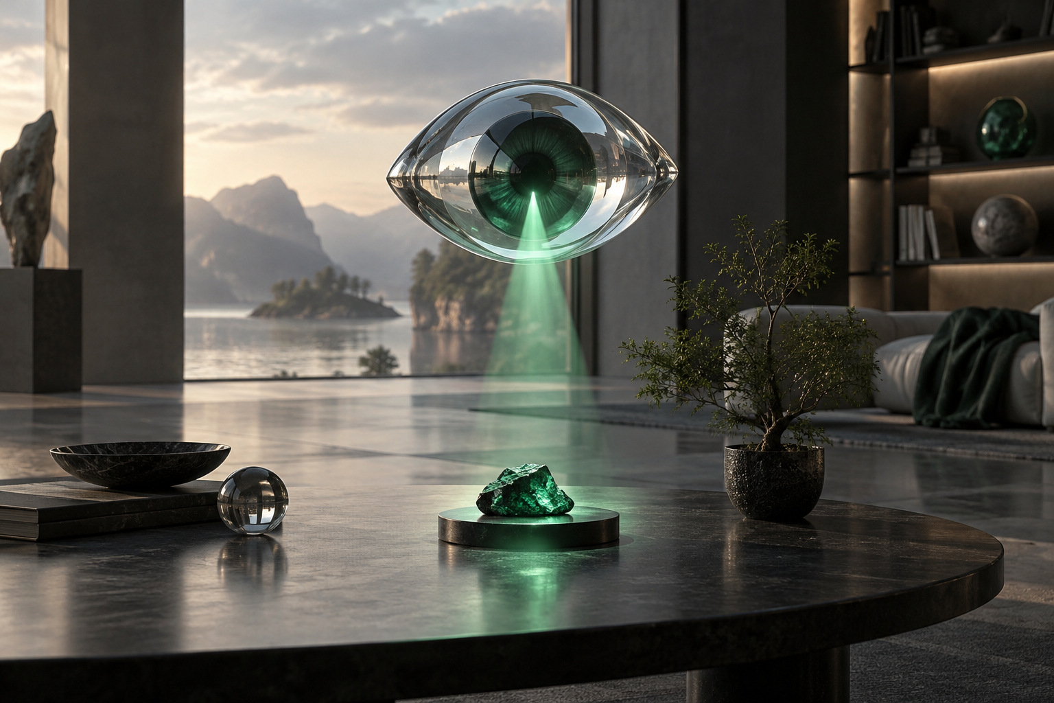 A glass lens focusing emerald light on one object while a larger room remains visible