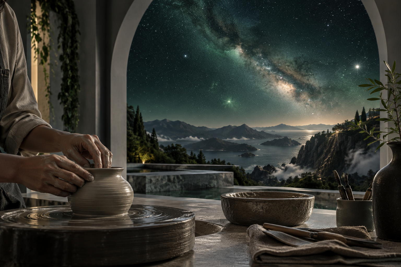 Hands shaping a small clay vessel beneath a vast star-filled sky