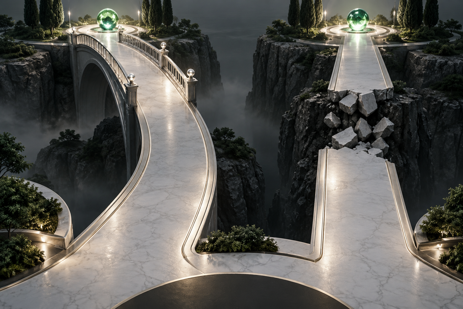 Two illuminated pathways where one crosses a sound bridge and one ends at a concealed break
