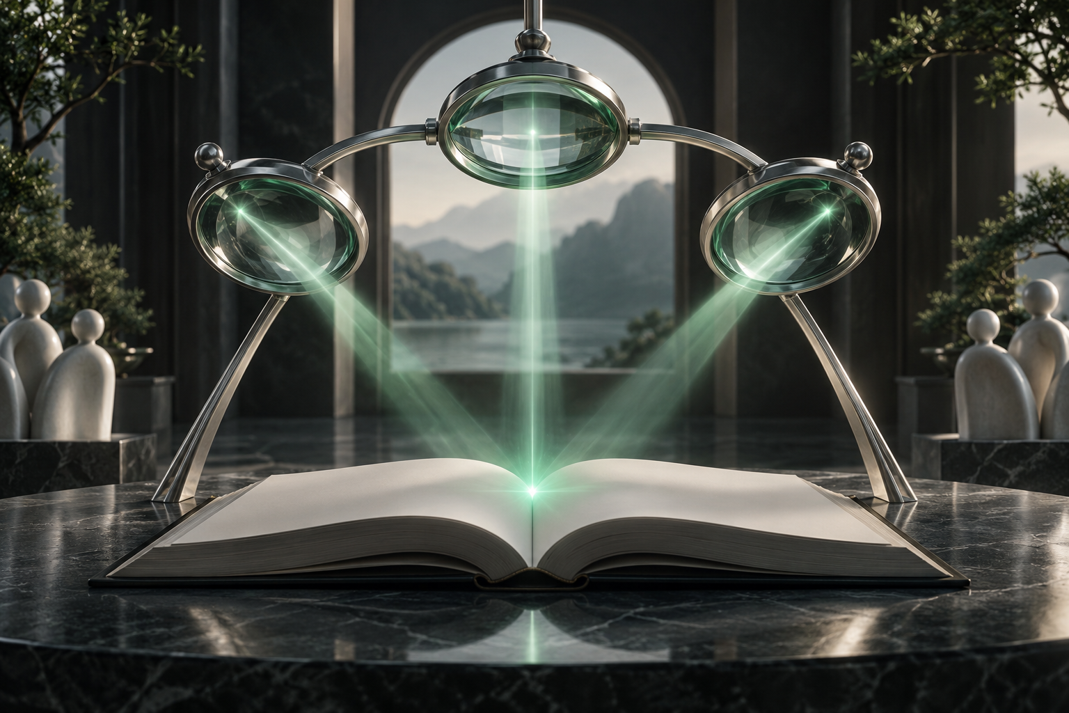 Three glass lenses converging light over an open unmarked book