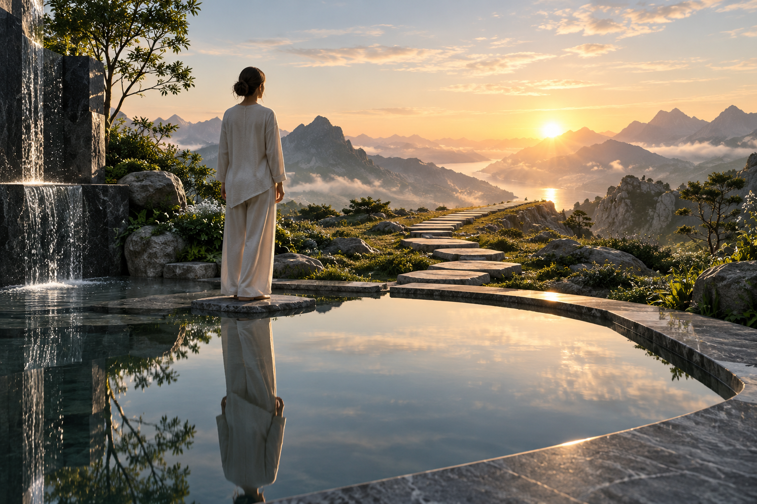 A person reflecting beside still water before stepping onto a path toward sunrise