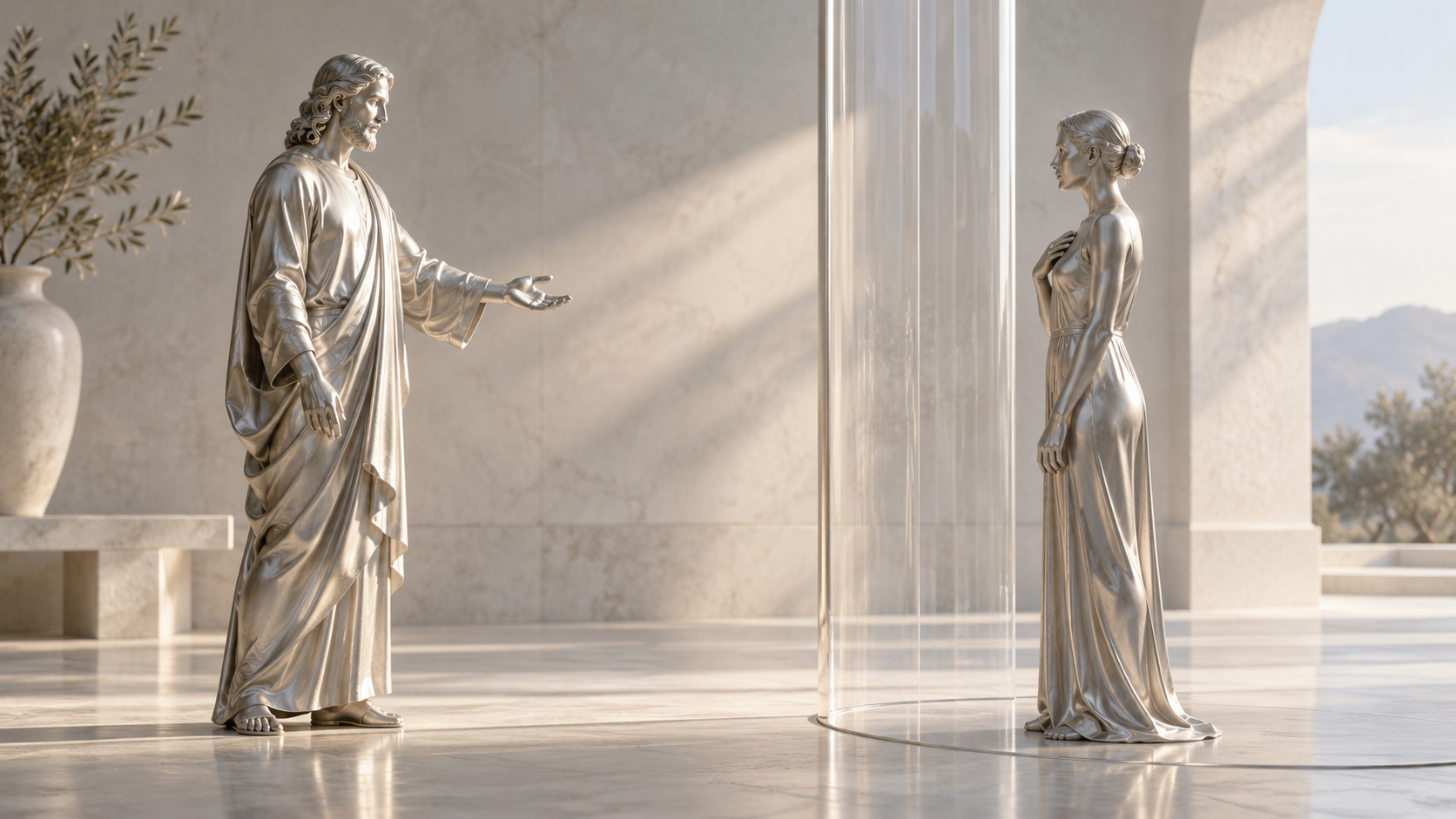 Two silver figures separated by a transparent boundary in a calm stone room