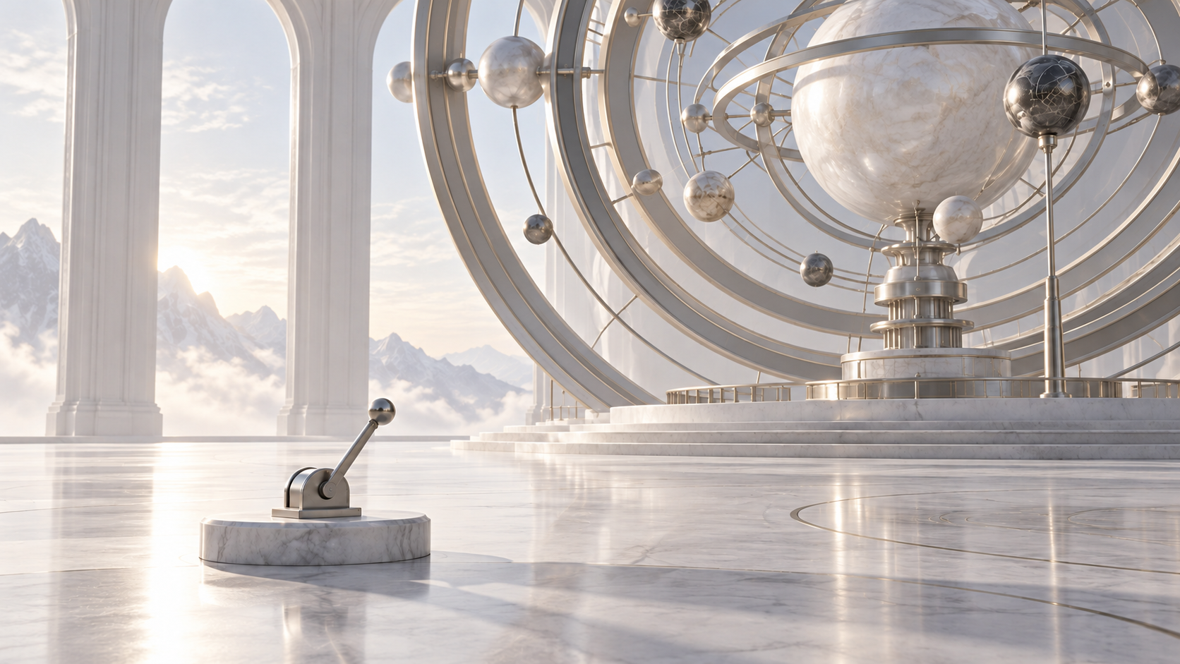 A small silver lever beside a vast ordered celestial mechanism