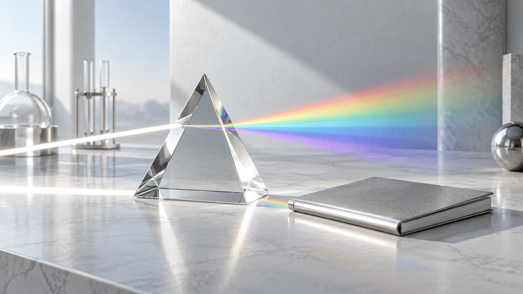 A glass prism separating light into distinct paths beside a closed silver notebook