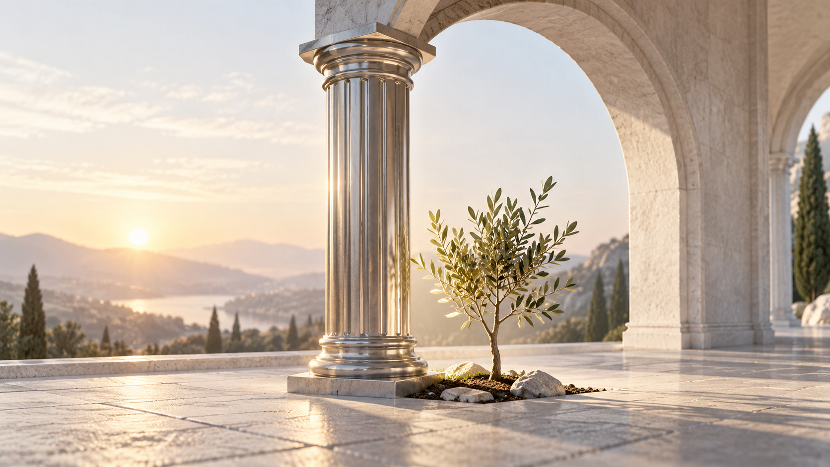 A silver column sheltering a young tree beneath a stone arch at dawn