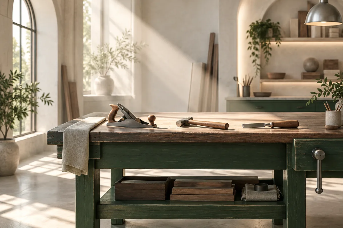 A green workbench holding simple tools beneath a clear beam of morning light