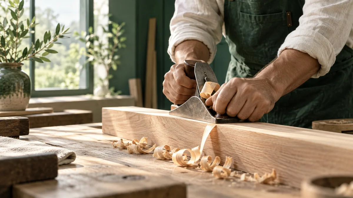 A craftsperson shaping a smooth piece of wood in a calm green and ivory workshop