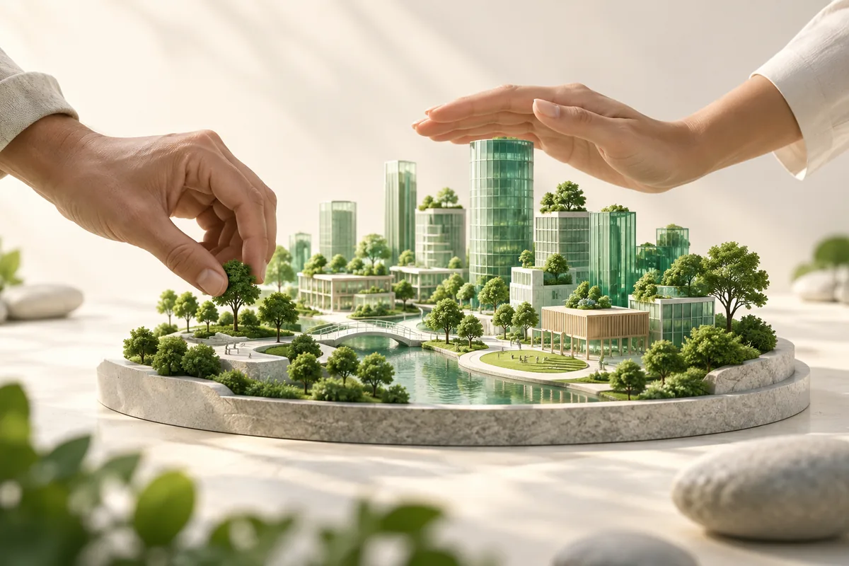 Two hands caring for a small green city model without enclosing or dominating it