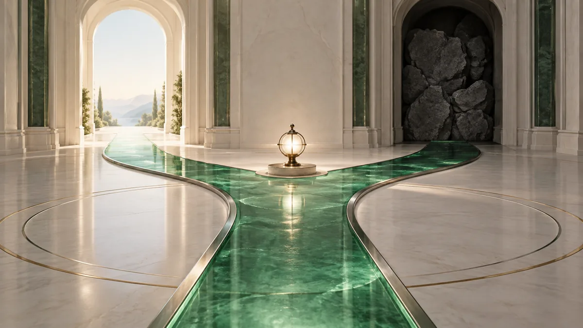 A green glass pathway dividing toward a bright open door and a shadowed blocked passage