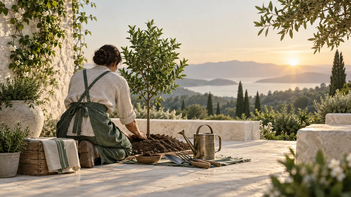 A person tending a young green tree beside neatly arranged tools at sunrise