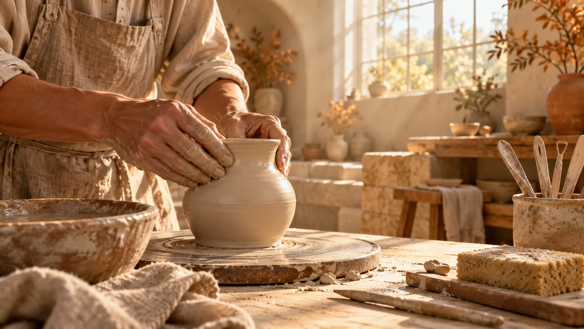 Human hands shaping an ivory clay vessel in a sunlit workshop