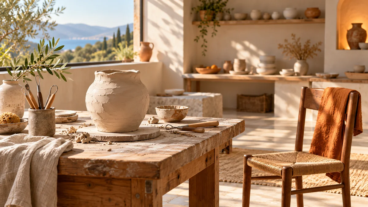 An orderly workbench with an unfinished vessel, sculpting tools, and an olive branch