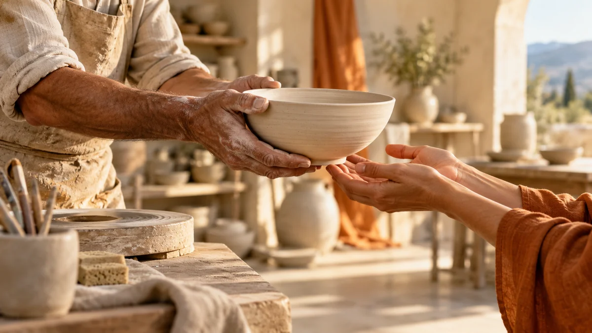 A handmade ceramic bowl passed between two people in an act of service