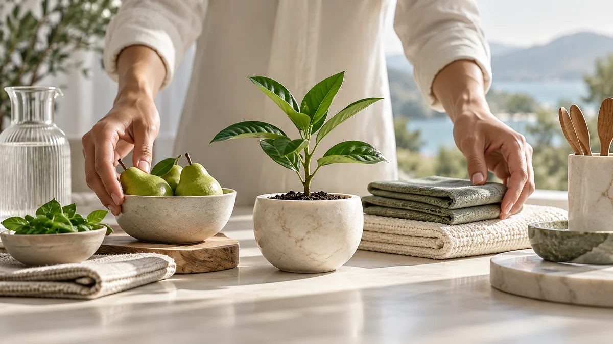 Open hands arranging useful goods and a small green seedling