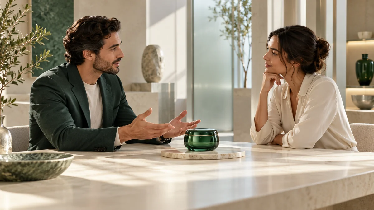 Two people discussing a product with open hands at an ivory table