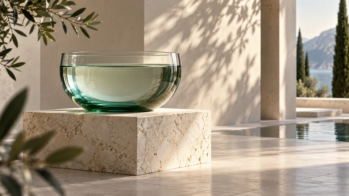 A clear vessel of calm water on a stable ivory stone base