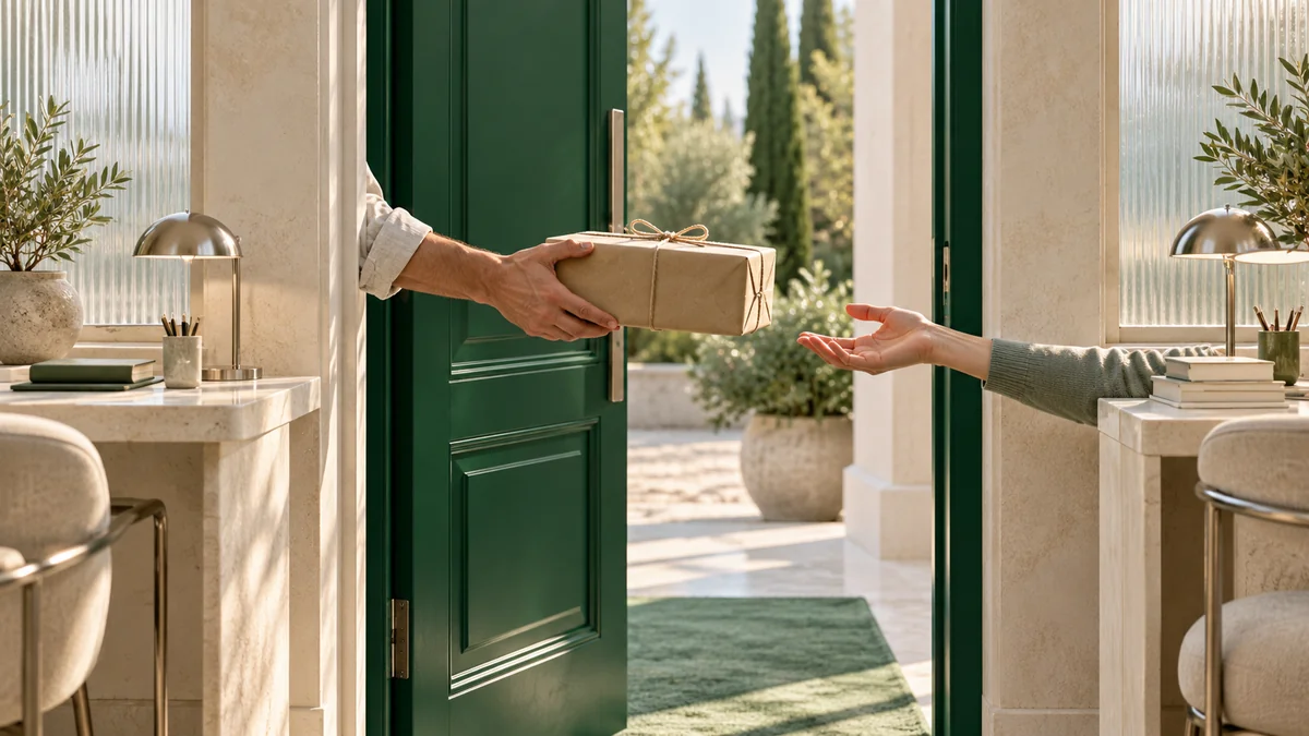 A package offered across an open green doorway in a voluntary exchange