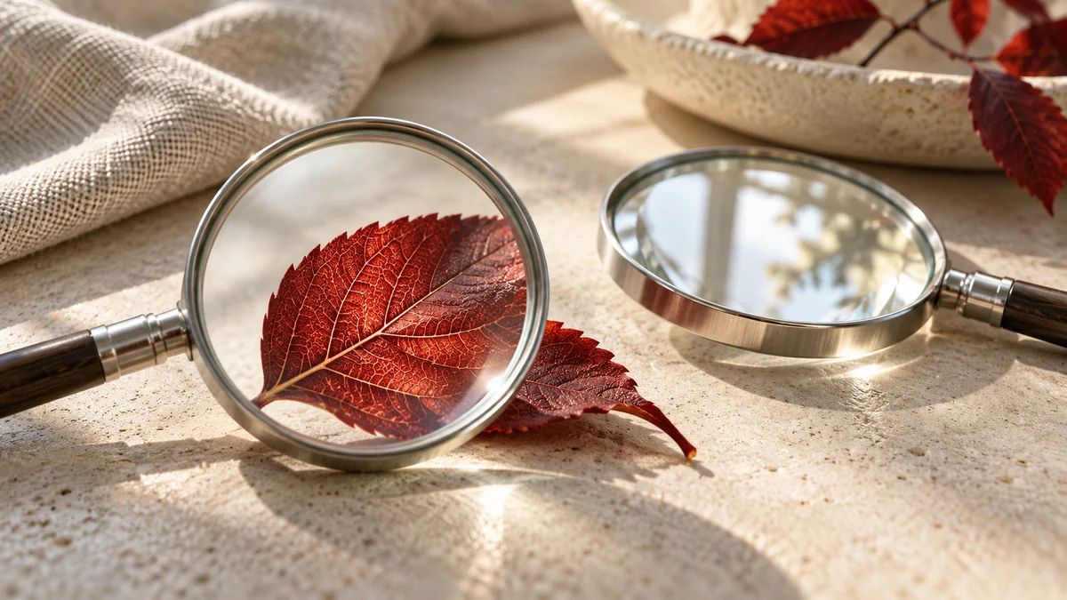 Glass lenses examining a red leaf on an ivory stone surface