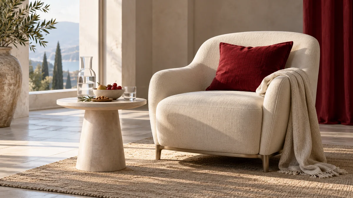 An ivory chair beside water and nourishing food in a quiet sunlit room