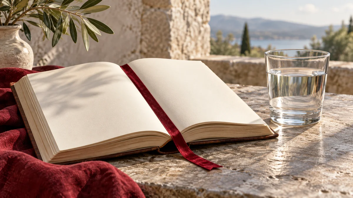An open blank book beside a water glass and a plain red bookmark