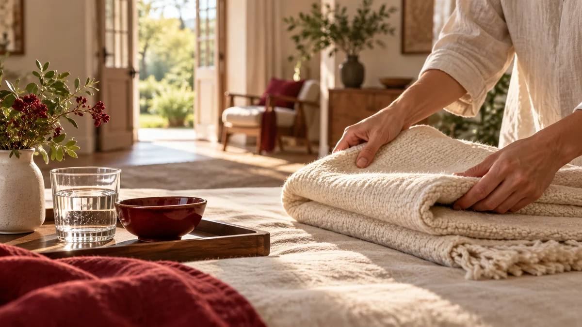 Hands folding an ivory blanket beside a water glass and a red bowl