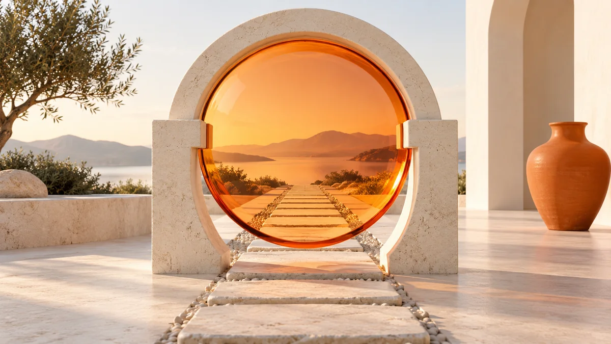 An orange glass lens in an ivory frame clarifying a stone path
