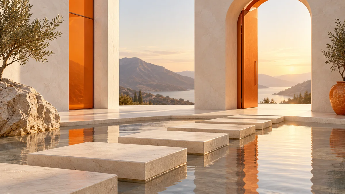 Ivory stepping stones leading toward an orange-accented open doorway