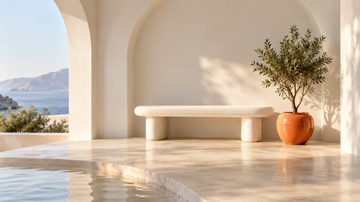 An ivory bench beside a living plant in an orange pot