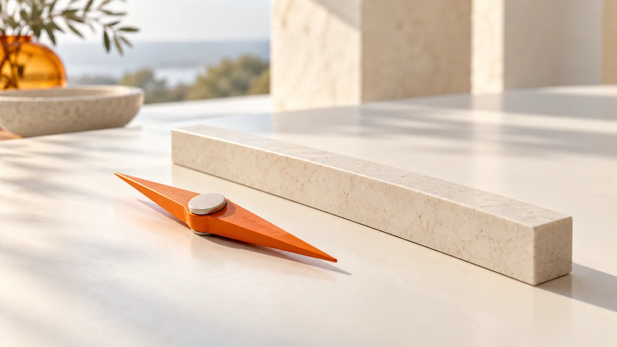 An unmarked orange compass needle beside an ivory straightedge