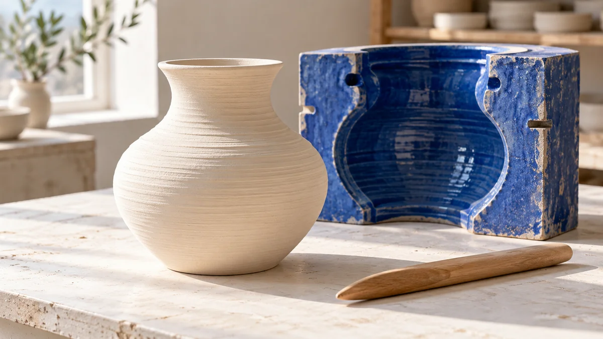 An ivory vessel beside a cobalt mold and a wooden shaping tool