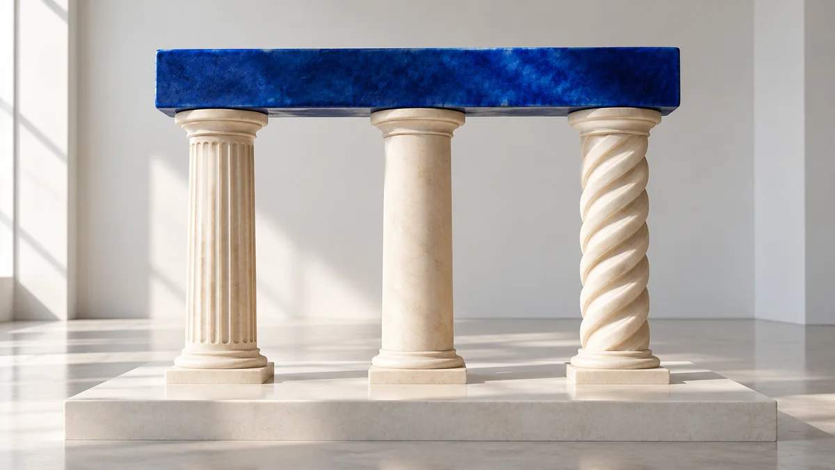 Separate ivory columns supporting a shared cobalt lintel