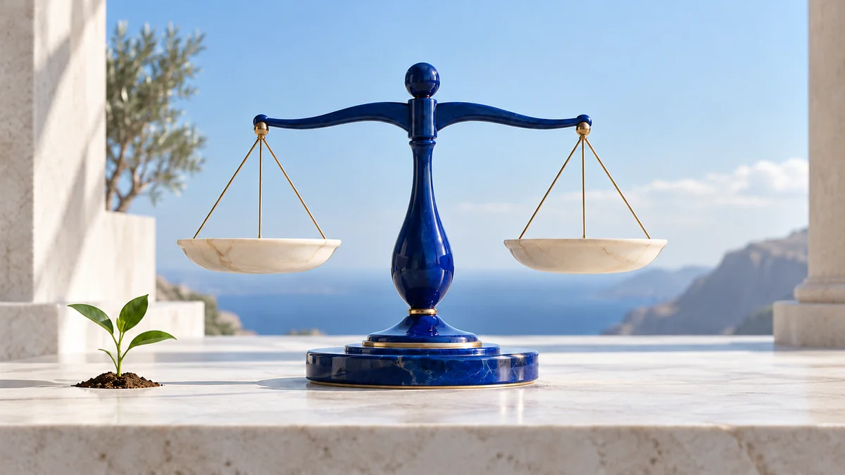 An unmarked cobalt balance with level ivory pans beside a seedling