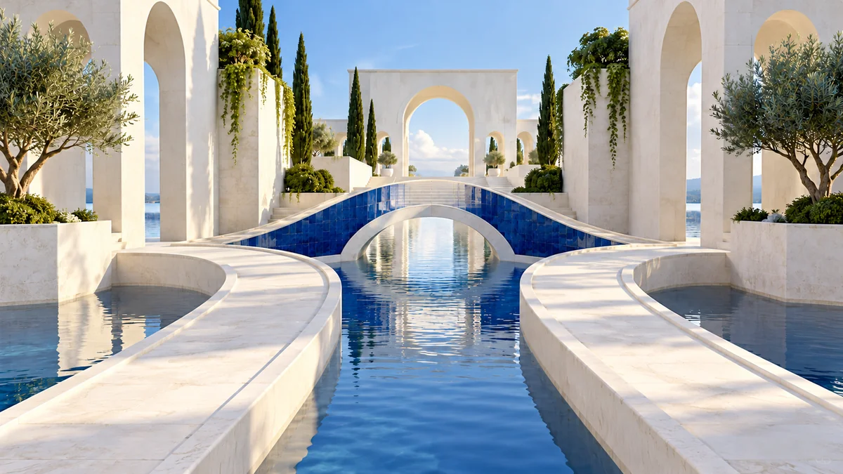 Separate stone paths joining a cobalt-accented bridge