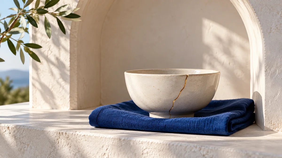 A carefully repaired ivory bowl supported by cobalt linen