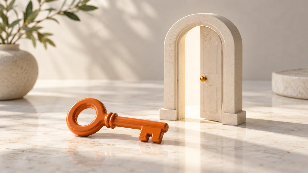 An orange key beside a small ivory doorway model