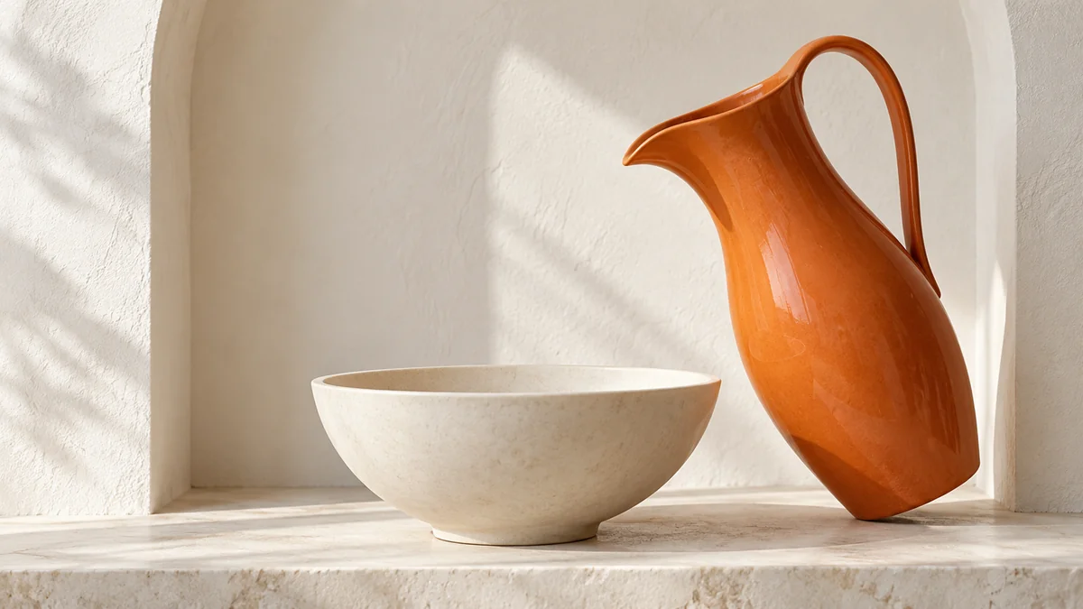 An open ivory bowl beneath a separate orange pitcher