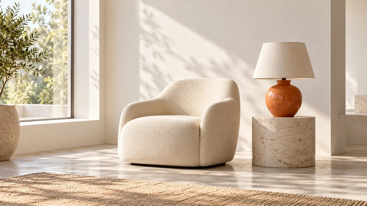 An ivory chair beside an unlit orange lamp in natural daylight