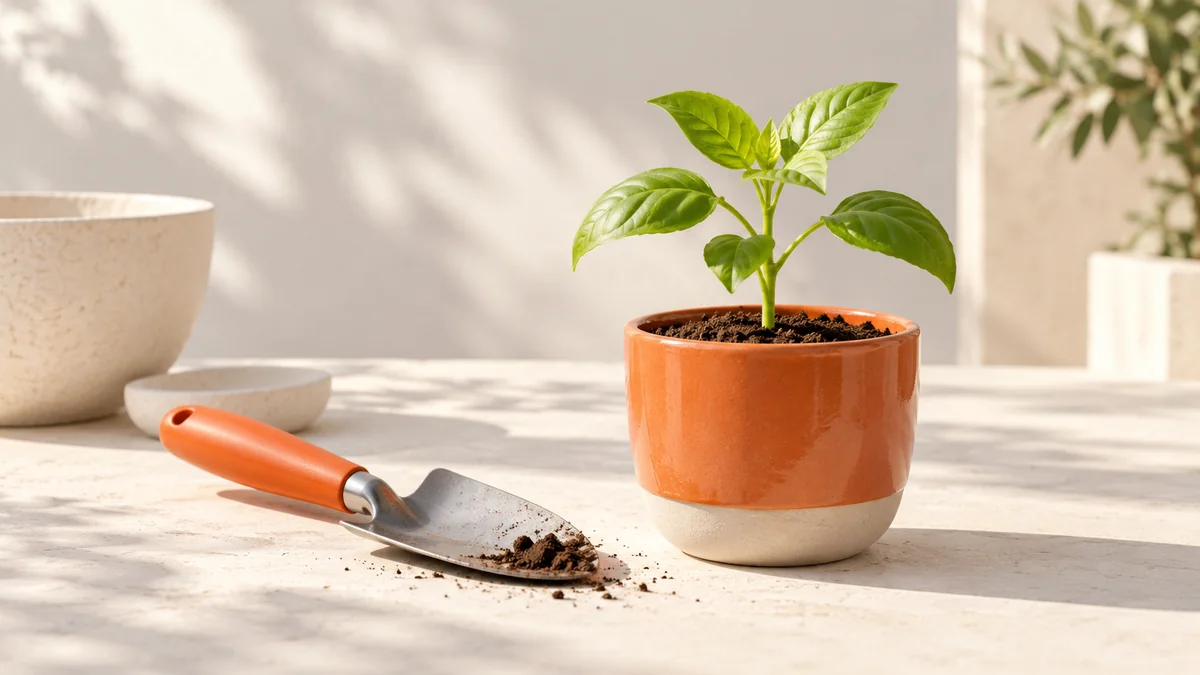 An orange-handled trowel beside a seedling on an ivory workbench