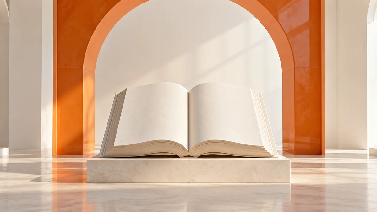 A blank ivory book sculpture within an orange architectural frame