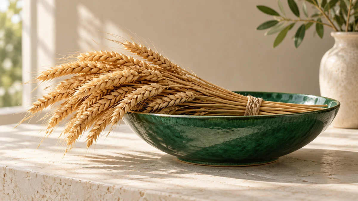 A bundle of wheat resting across an emerald-green bowl