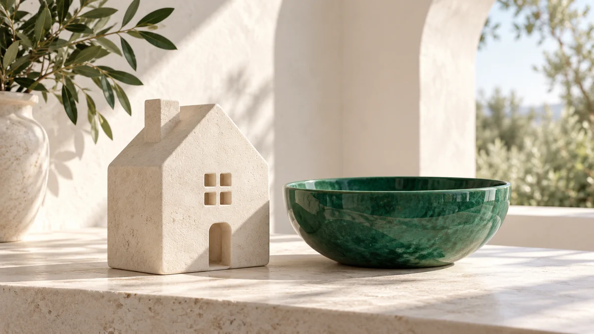 An ivory house-shaped vessel beside an open green bowl