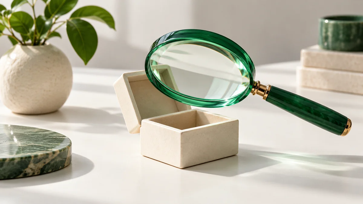 An unmarked green magnifying lens above an open ivory box
