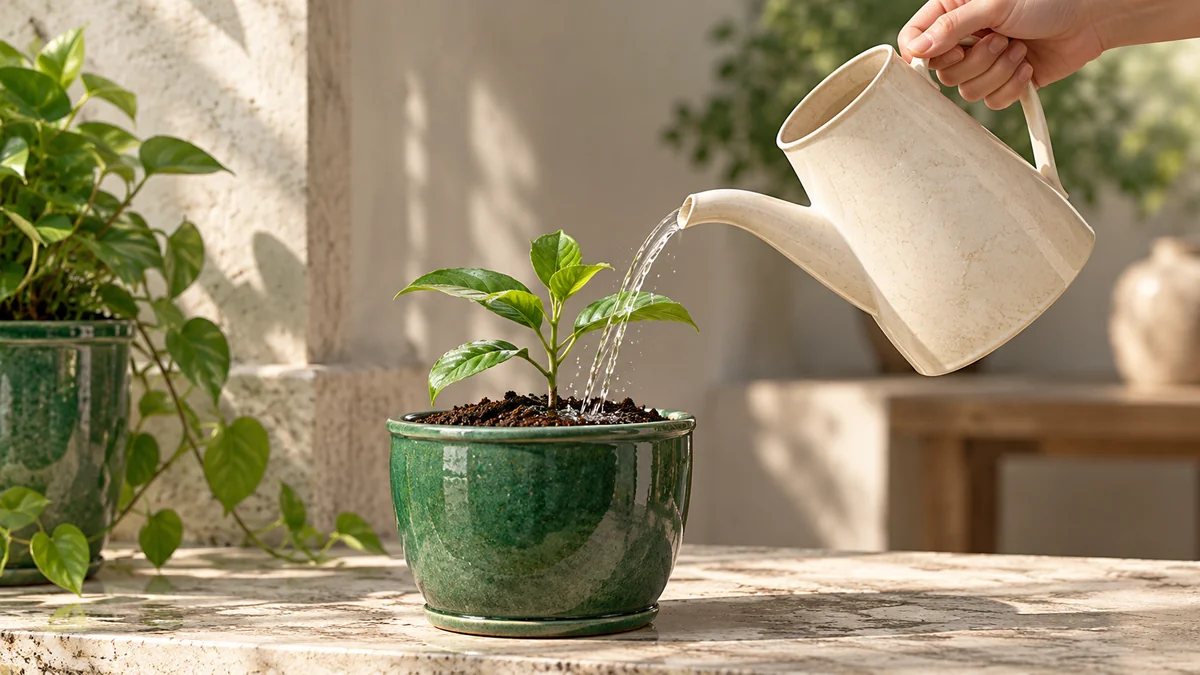 An ivory pitcher watering a seedling in a green pot