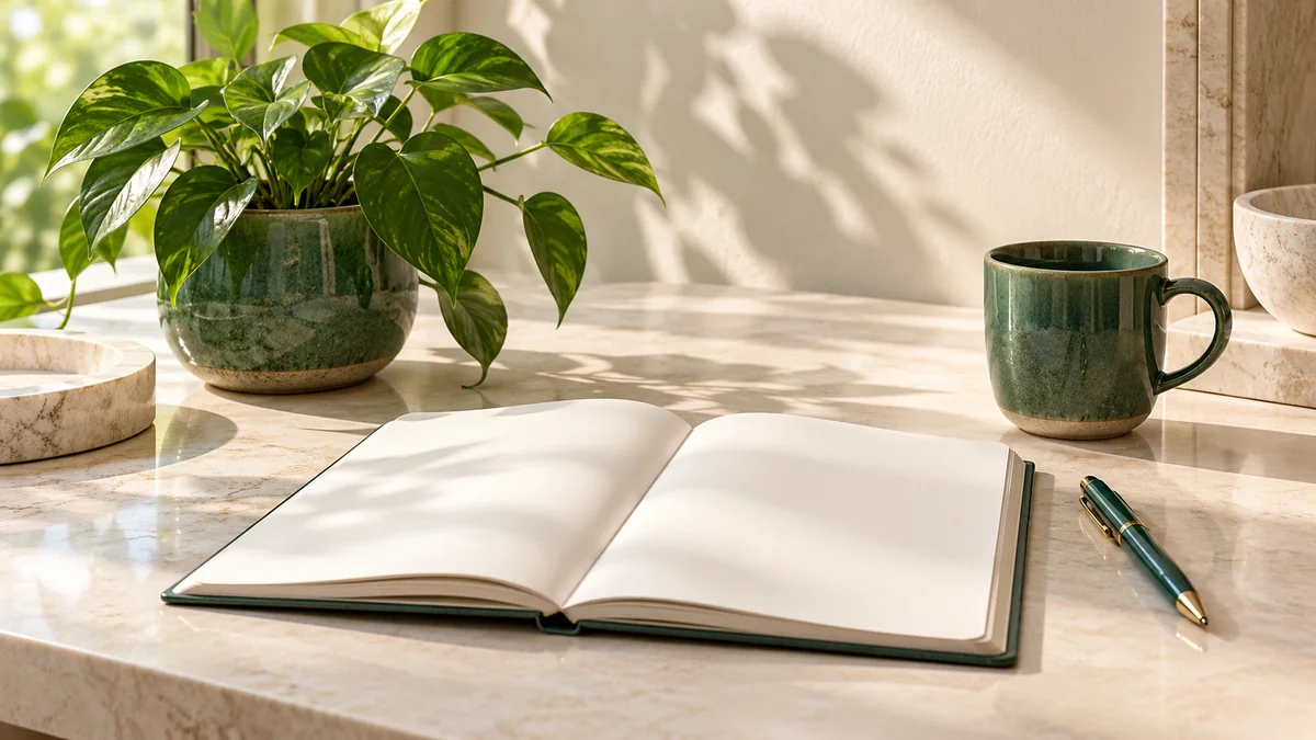 A blank notebook and green pen beside a plant on an ivory desk