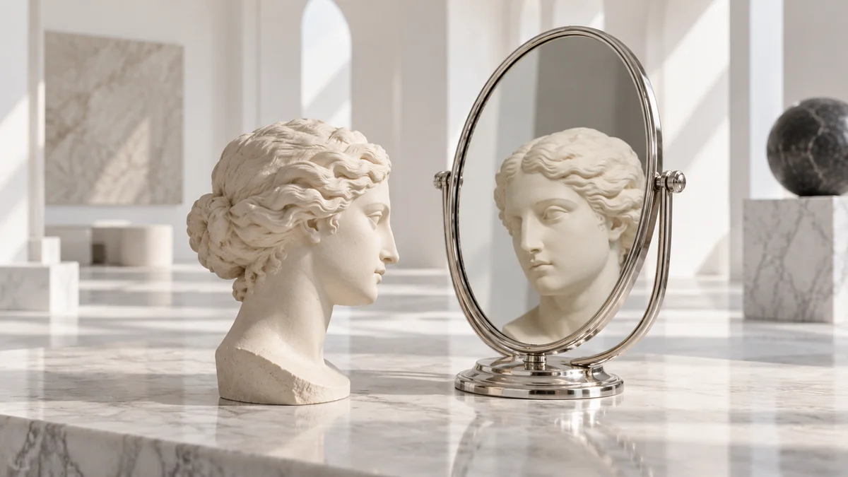 An ivory sculpted face reflected in a separate silver mirror