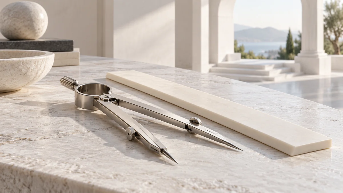 An unmarked silver compass beside an ivory straightedge